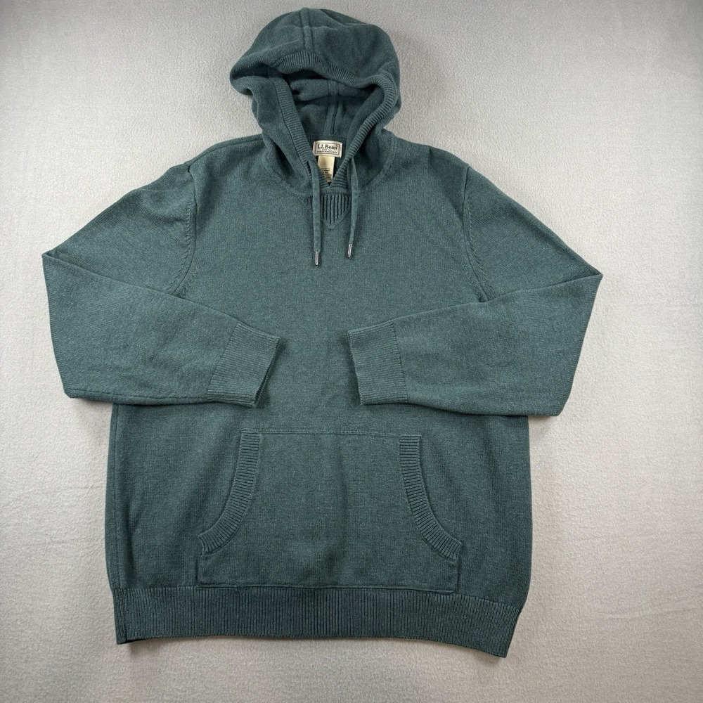 LL Bean Mens XL Green Wicked Soft Cotton Cashmere Knit Hooded Pullover Sweater